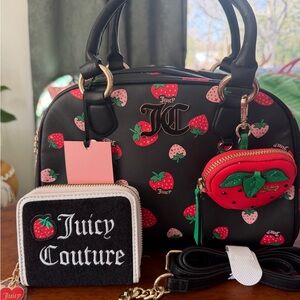Juicy Couture Black Strawberry Print Dome Satchel with matching wallet NWT
